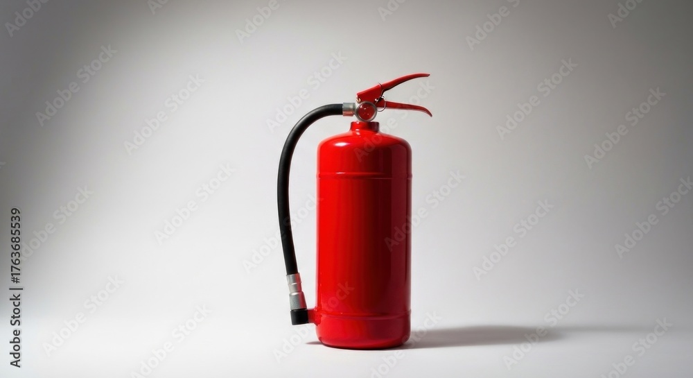 Obraz premium Red fire extinguisher stands against light gray backdrop in studio shot