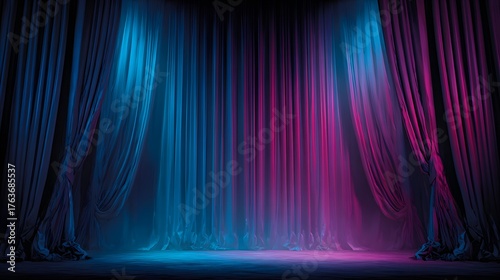 Illuminated stage drapery glows with dramatic blue and magenta spotlights