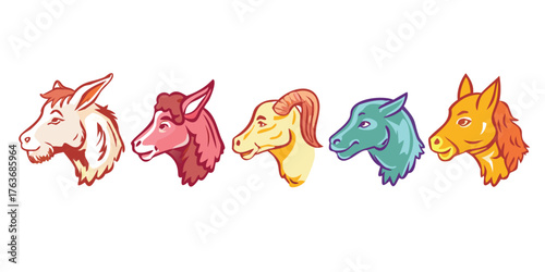 Colorful Sketch Style Farm Animal Head Vector Set