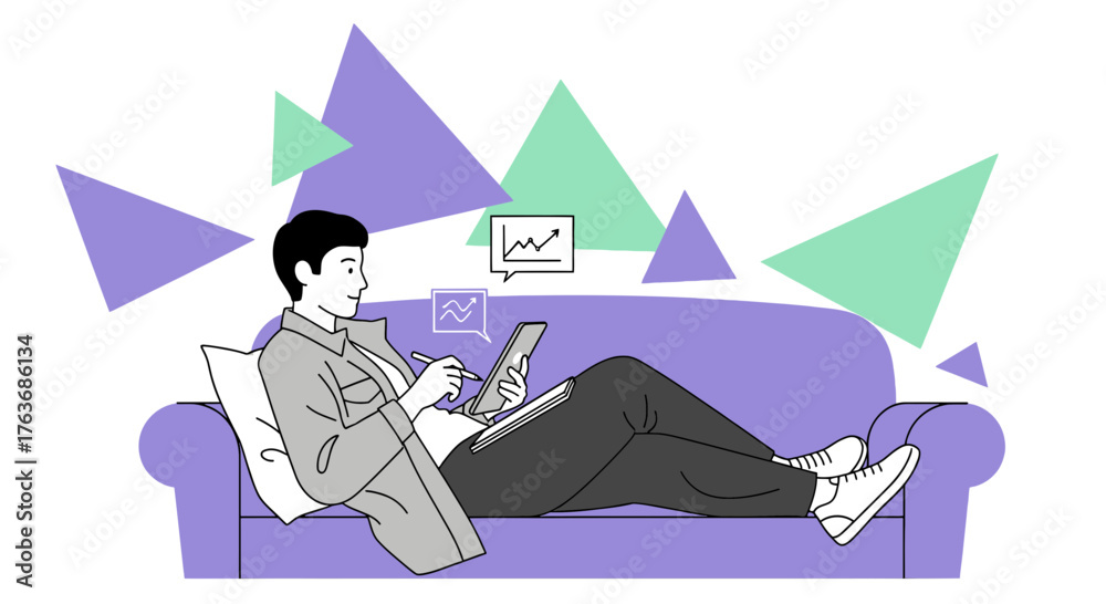 Fototapeta premium A man relaxing on a couch, analyzing data and charts using a tablet and pen