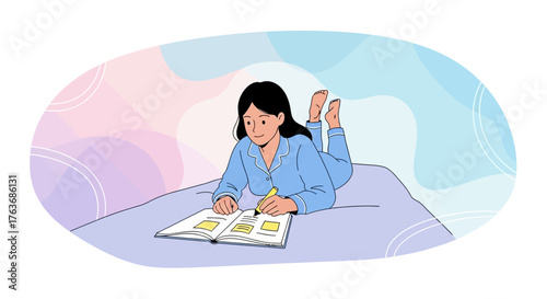 A woman in pajamas writing in a journal lying on her bed, relaxing at home