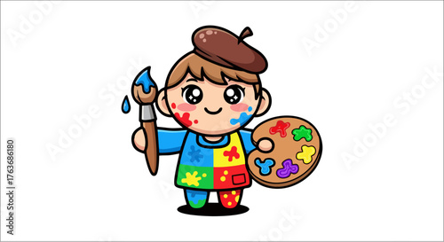Cute Cartoon Artist Boy with Paintbrush and Palette Illustration.