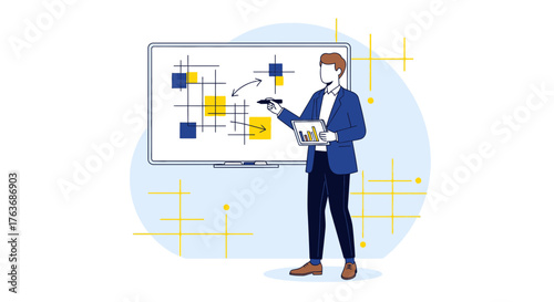 Business analyst presenting a strategic plan with charts and diagrams on a whiteboard