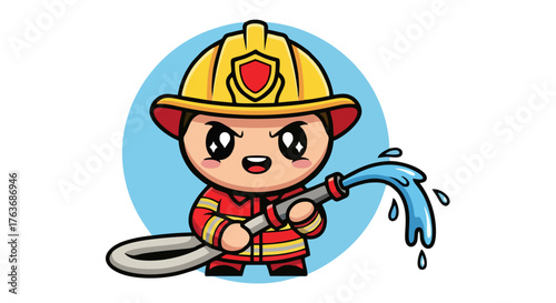 Cute cartoon firefighter character holding water hose with water flowing.
