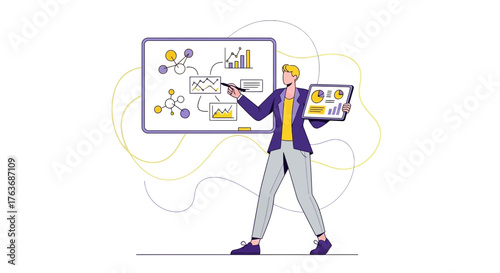 Business presentation illustration with charts and graphs on whiteboard and a tablet display