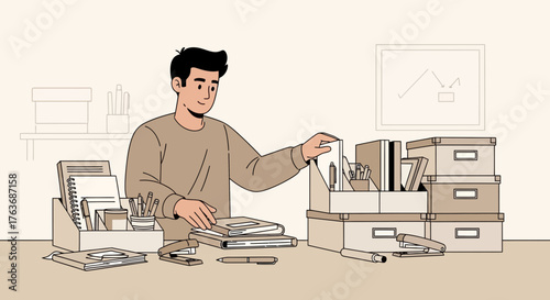 A man organizing office supplies, paperwork, and documents in a workspace or office scene