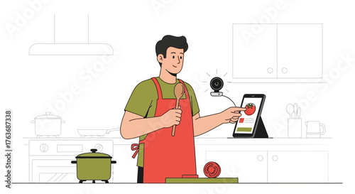 A man using tablet to search for recipes while cooking in the kitchen at home