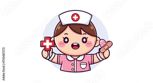 Cute Cartoon Nurse Character Holding First Aid Cross and Bandage.