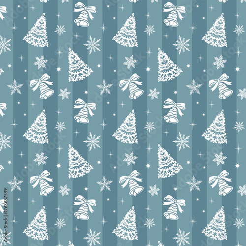 Striped background with a Christmas pattern of trees, snowflakes and bells.Vector seamless pattern of stylized Christmas trees, bells and snowflakes on a colored striped background.