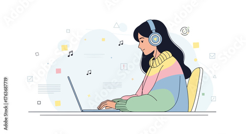 A woman using laptop while enjoying music with headphones, colorful Illustration