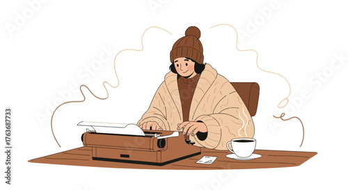 Cozy illustration of a person writing on a typewriter with coffee on a wooden desk