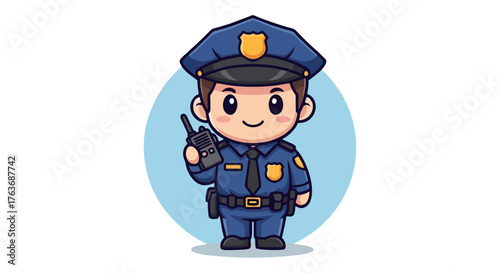 Cute Cartoon Police Officer Holding Walkie Talkie.