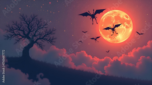 Wallpaper Mural In a minimalistic realm, picture a vibrant pumpkin-shaped moon casting soft, ethereal light over a desolate landscape. Silhouettes of peculiar flying creatures with geometric wings dance against a bac Torontodigital.ca