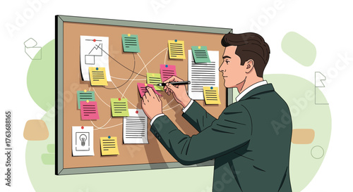 Business man planning strategy on a cork board with notes and ideas