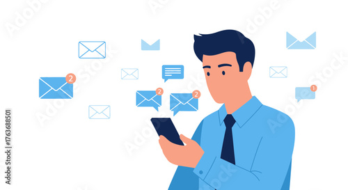 Businessman checking emails on his phone, vector illustration of message notifications