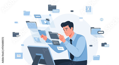 Businessman interacting with digital files and data on a computer in a modern illustration