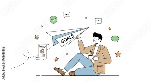 Businessman launching paper airplane with goals icon achieving success and target, business concept