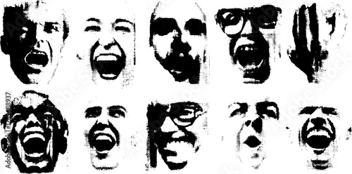 Faces with various emotions create a striking visual. This vector illustration features a set of expressive black and white art showcasing reactions.