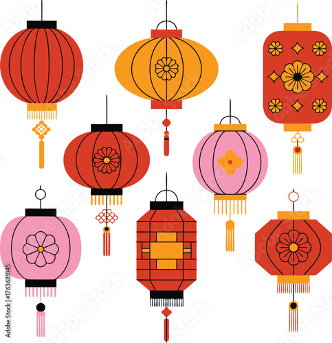 Mid-Century Modern Chinese New Year Lantern Illustration Bundle