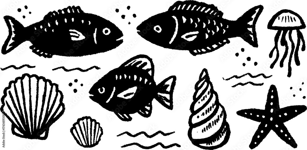 Fototapeta premium Fish, jellyfish, and seashells illustrated in black outline. Simple aquatic set of vector illustrations.