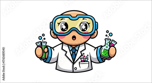 Cartoon Scientist Holding Beakers with Bubbles in a Lab Coat.