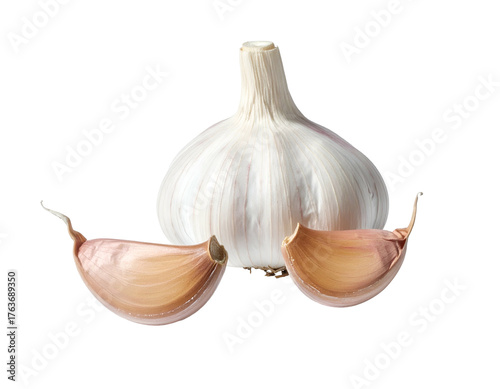 Whole bulb of white vegetable with two cloves next to it