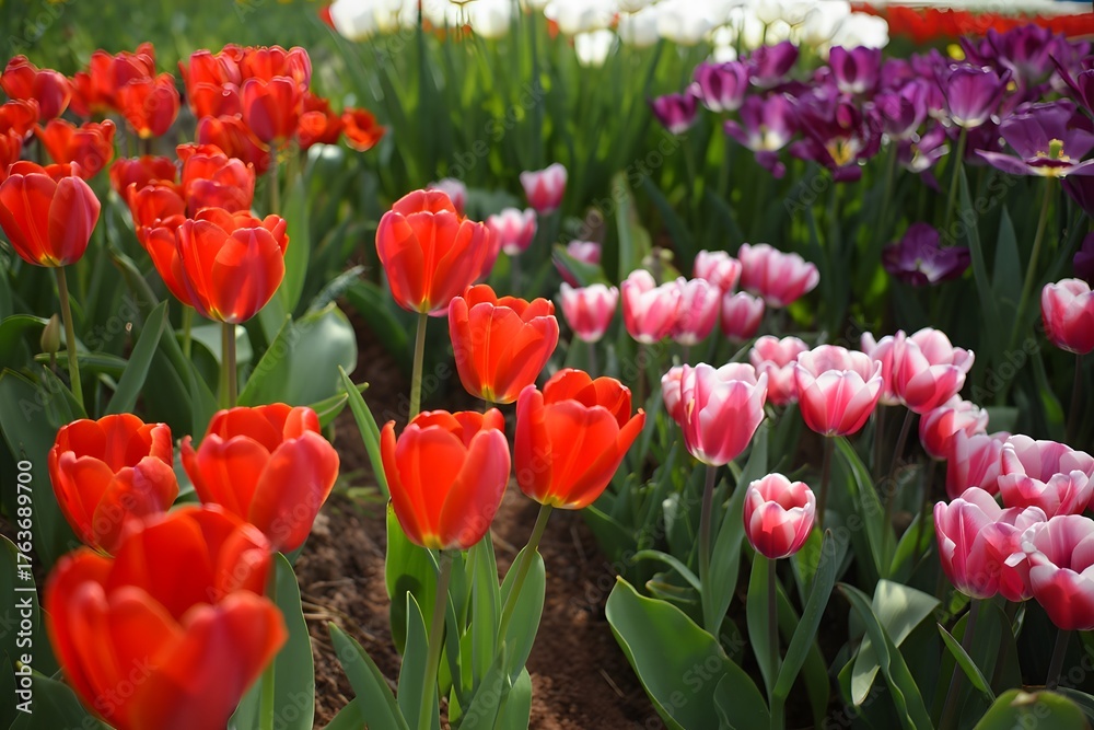 Fototapeta premium A colorful field of tulips blooming in the spring sunshine in the garden