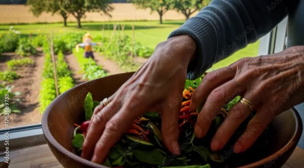 Mãos de uma idosa preparando salada com legumes da horta.