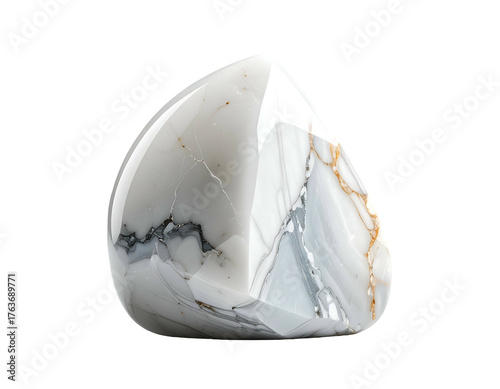 A polished, teardrop-shaped gemstone with internal veining & fractured surfaces