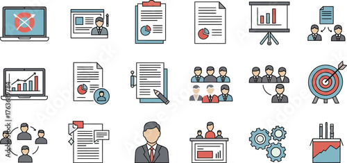 Business and Office Icon Set – Vector Illustration of Computer, Monitor, Camera, Cloud, and Network Symbols, Modern Design Elements for Data, Technology, and Corporate Communication Concepts