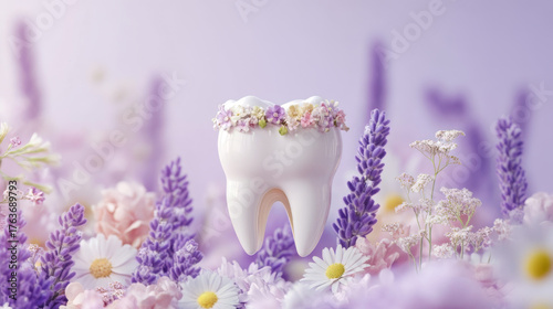 Floating Tooth Adorned with Floral Crown in Lavender Field