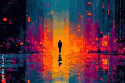 Vibrant city street scene with solitary figure amidst colorful reflections at dusk