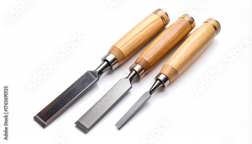 Chisel and shavings isolated on white background        