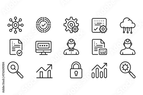 Collection of business and technology icons in a simple line art style
