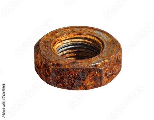 Close-up of a heavily rusted hexagonal nut on a transparent background