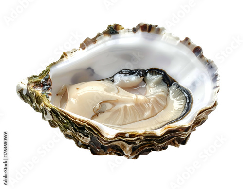 Open oyster with creamy flesh nestled within its textured, pearlescent shell