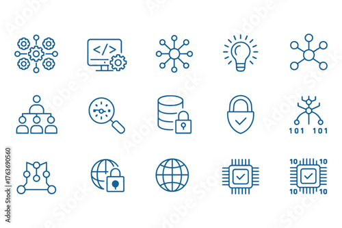 Collection of technology and data icons for digital concepts