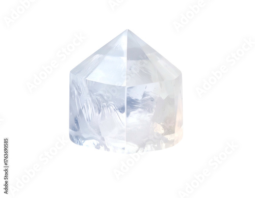 Transparent, faceted crystal in a hexagonal shape, isolated on a black background