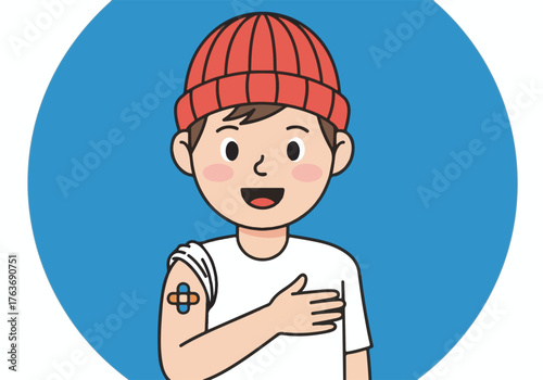 Vaccinated child illustration. A happy cartoon boy with a bandage on his arm after a vaccine shot. Public health vector graphic