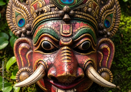 Wallpaper Mural Intricate wooden mask with vibrant colors and detailed craftsmanship, cultural design element Torontodigital.ca