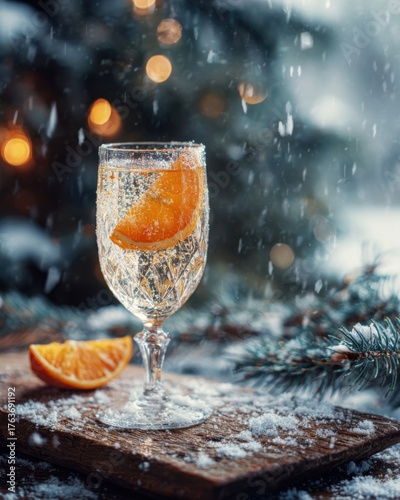 A festive winter cocktail in a vintage crystal glass, garnished with a slice of orange