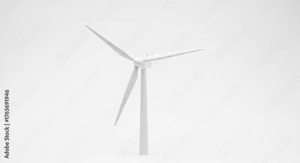 Fototapeta premium Wind turbine with three blades against a plain white background in bright light