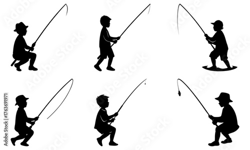 Silhouettes of Children Fishing