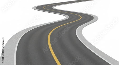 Winding asphalt road with yellow center line on white background, perspective