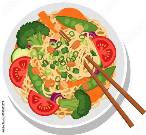 Asian Stir Fry Noodles with Vegetables and Peanut Sauce Flat Vector Top View Illustration