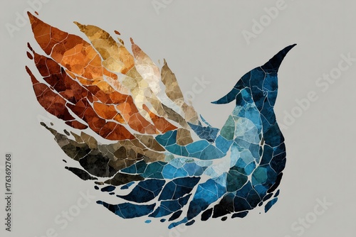 Colorful mosaic representation of a phoenix displaying vibrant hues of blue, orange, and brown in an artistic design