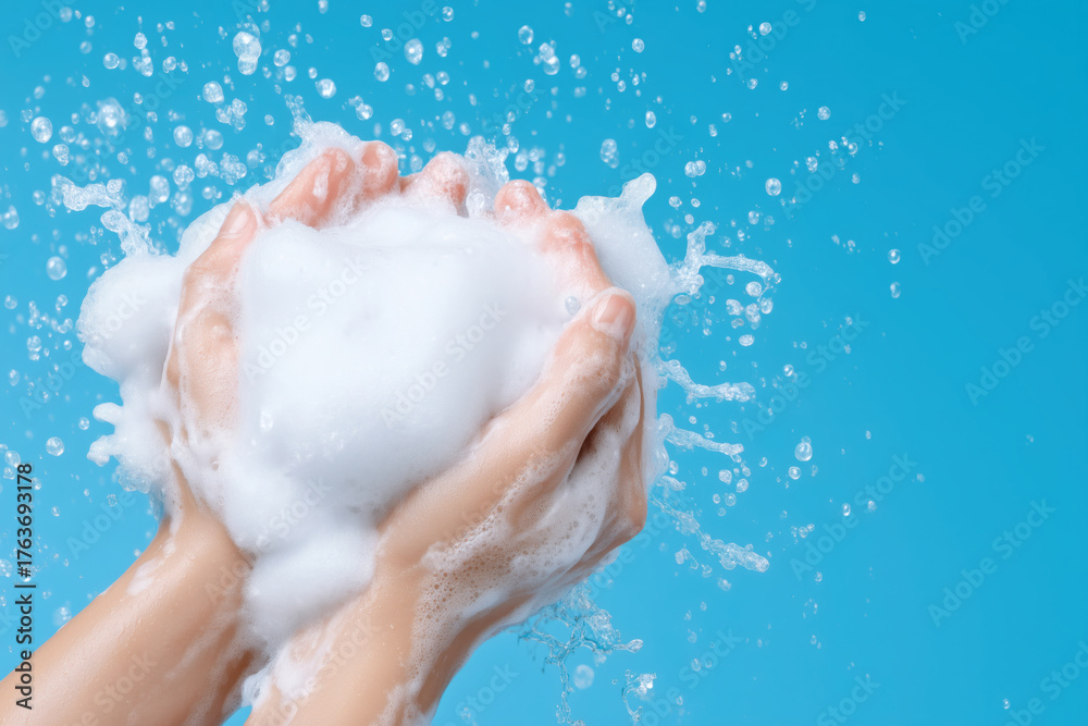 Fototapeta premium Hands washing with soap foam and splashing water