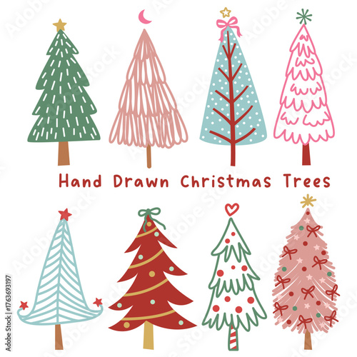 Set collection Cute hand drawn christmas tree illustration, design for christmas card, sticker, poster, banner. 