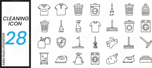 Collection of hand drawn cleaning icons representing various household chores and tools