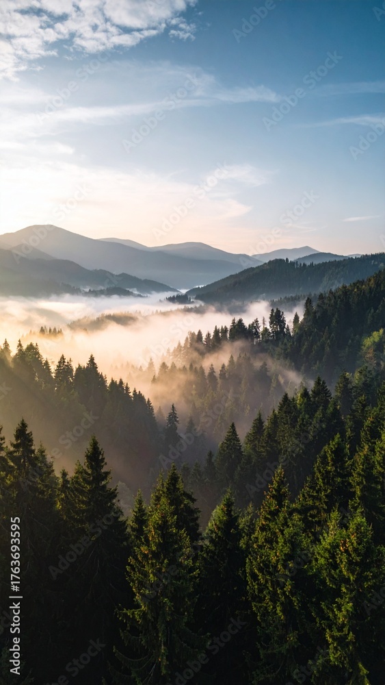 Obraz premium Misty morning sunrise over a dense mountain forest valley.